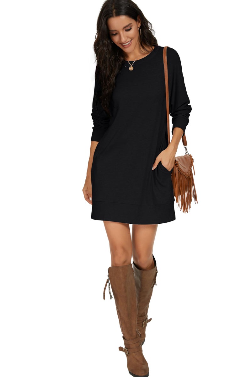 PrinStory Women's Casual Sweater Dresses Fall Winter Crewneck Loose Fit Basic Pullover Tunic Dress with Side Pockets for Work & Weekend Black L - Image 3